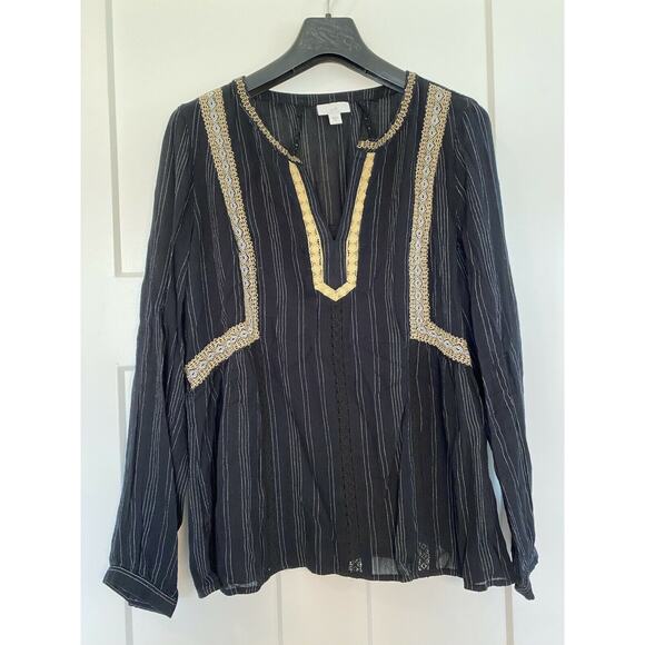 J Jill Black Embroidered Boho Long Sleeve V Neck Top Medium - Picture 1 of 8